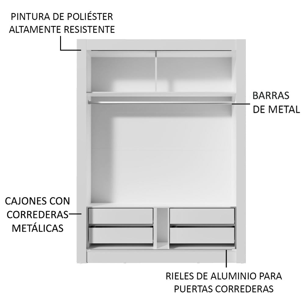 Placard Soltero 2 Puertas Corredizas con Espejo 4 Cajones Blanco/Marrón Dallas Plus