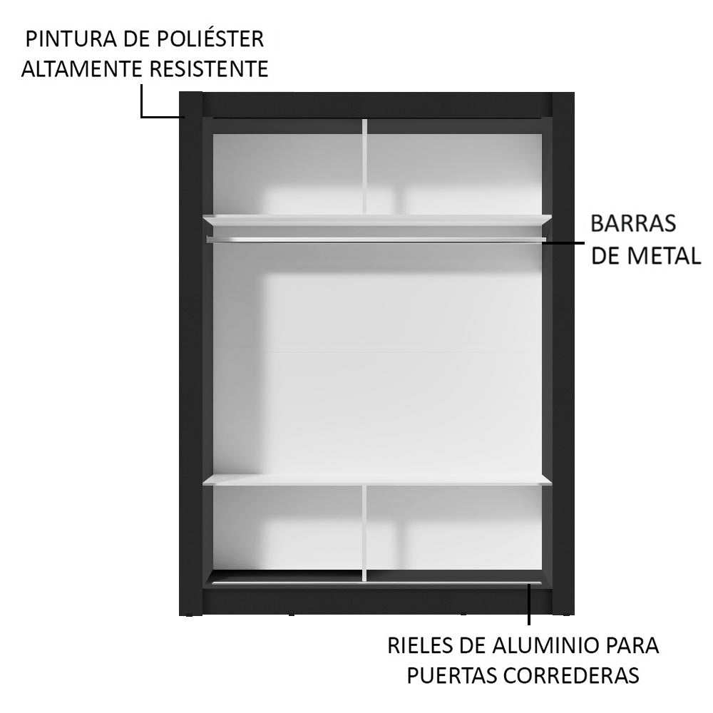 Placard Ropero Solteiro Madesa Denver 2 Puertas Corredizas con Espejo Negro/Gris