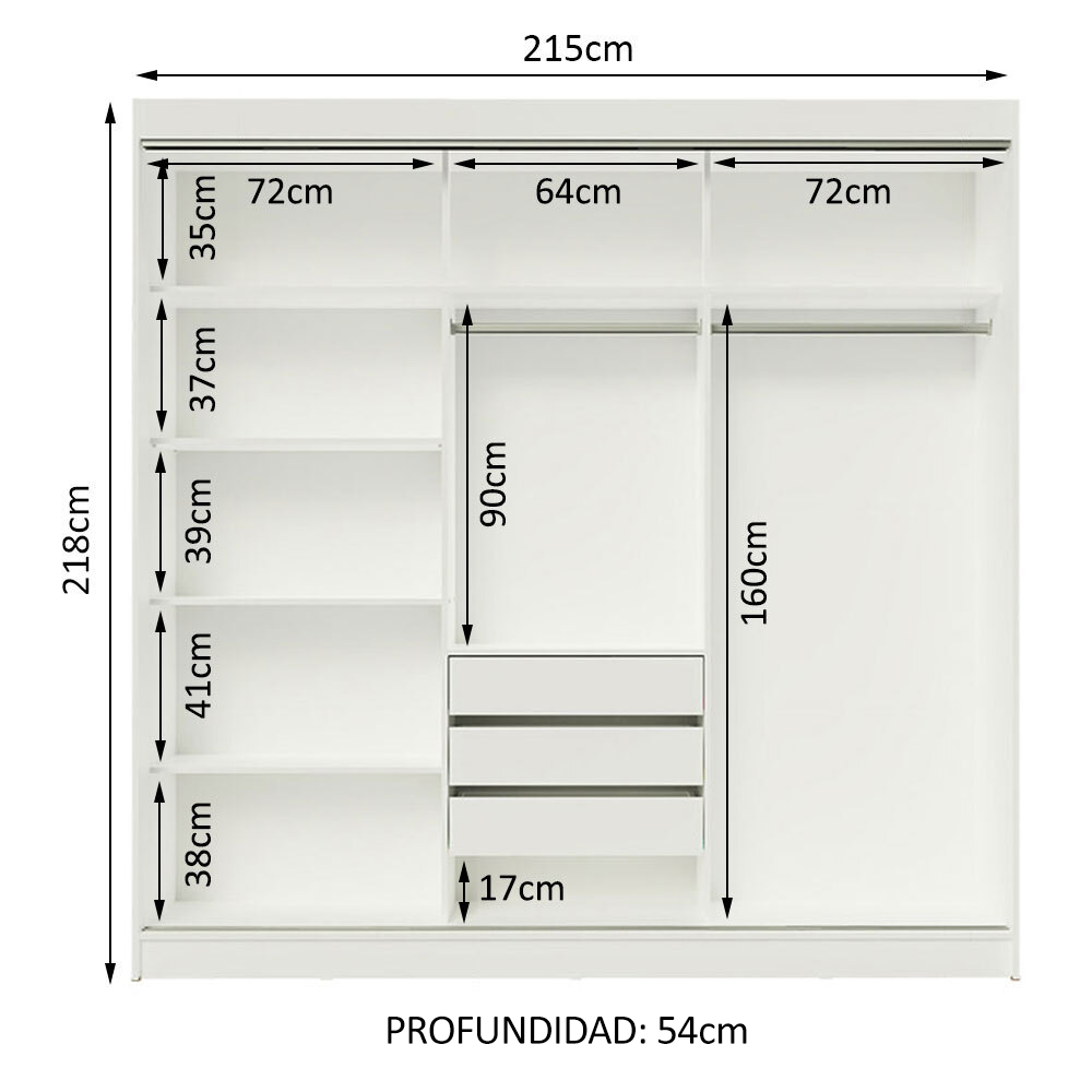 Placard Ropero Matrimonial Madesa Istambul 3 Puertas Corredizas con Espejos 3 Cajones Blanco