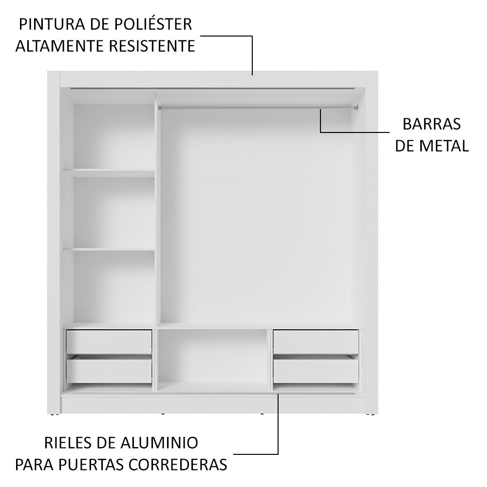 Placard Matrimonial 3 Puertas Corredizas de Espejo 4 Cajones Blanco Sublime Plus
