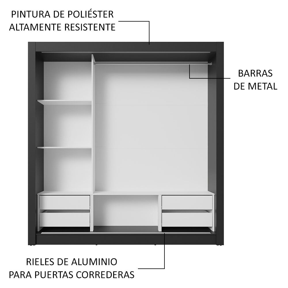 Placard Matrimonial 3 Puertas Corredizas de Espejo 4 Cajones Negro Sublime Plus
