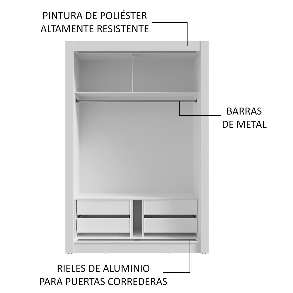 Placard 2 Puertas Corredizas con Espejo 4 Cajones Blanco Vivare Plus
