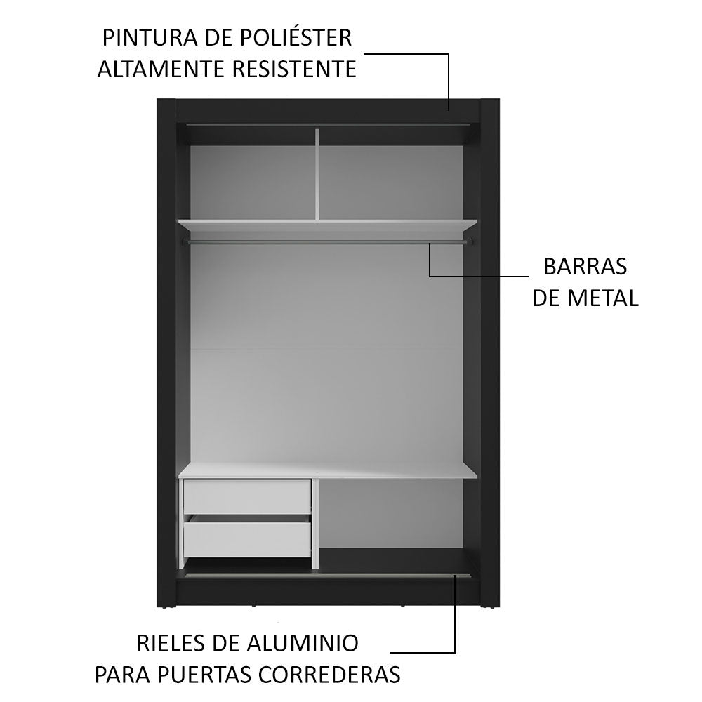Placard Soltero 2 Puertas Corredizas con Espejo 2 Cajones Negro/Gris Vivare