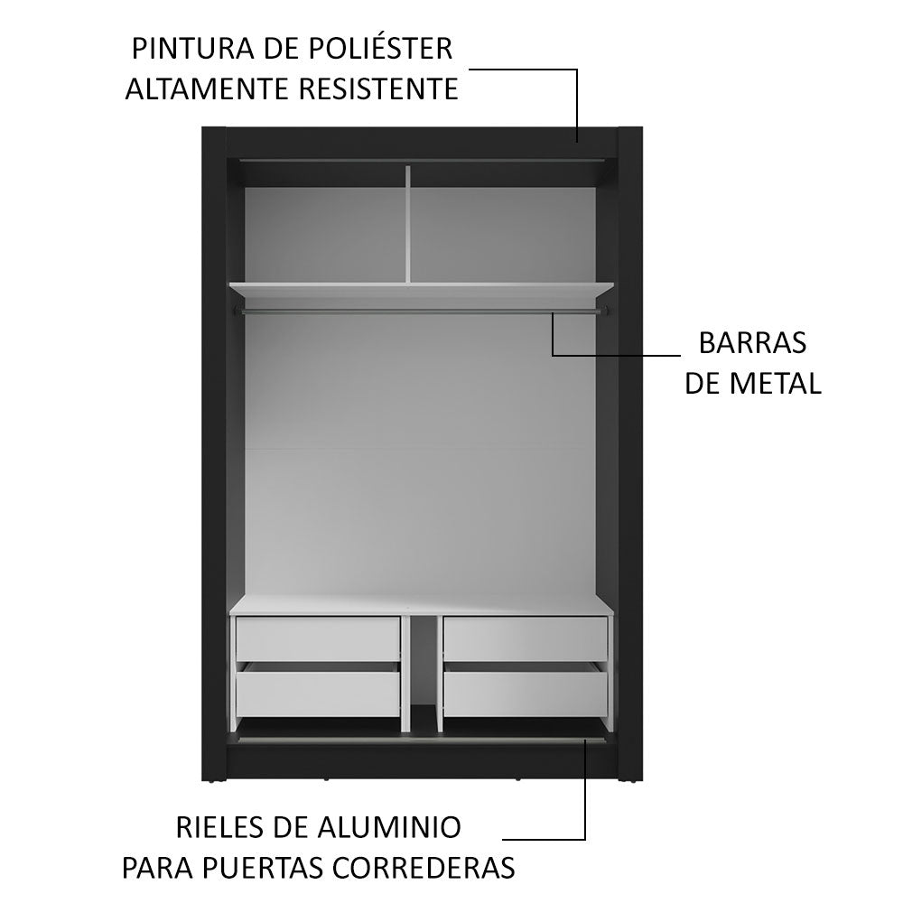 Placard Soltero 2 Puertas Corredizas con Espejo 4 Cajones Negro/Gris Vivare Plus