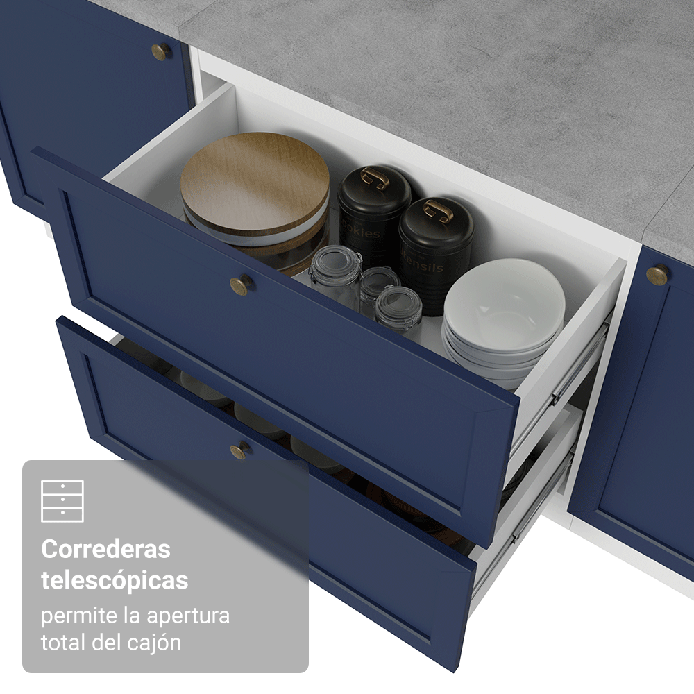 Bajo Mesada de Cocina 80 x 60 cm 2 Cajones (con Mesada) Blanco/Azul Vik Madesa