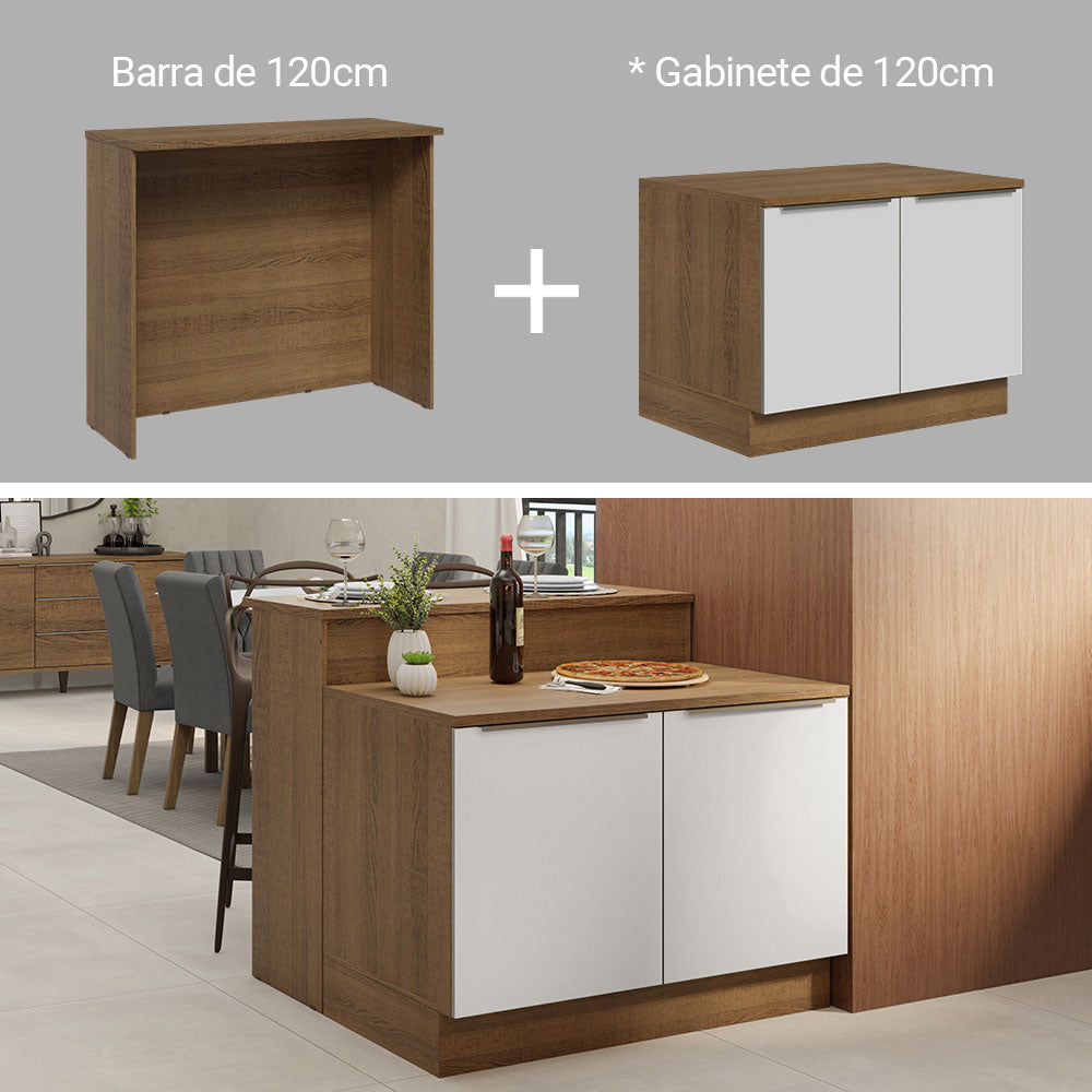 Isla de Cocina con Barra desayunador y Bajo Mesada 120 cm Marrón/Blanco Lux Madesa