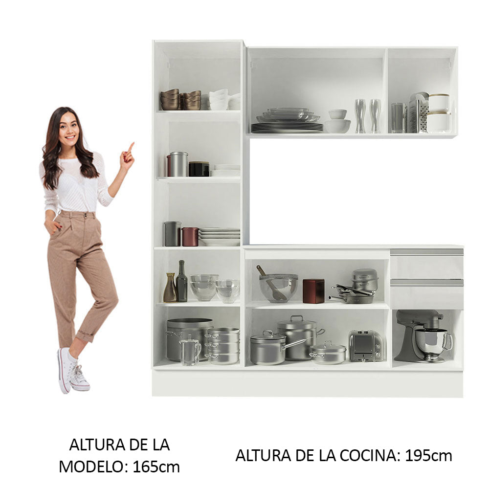 Cocina Compacta Smart 100% MDF Puertas Brillante 170 cm 8 Puertas 2 Cajones (Con Mesada) Blanco Madesa