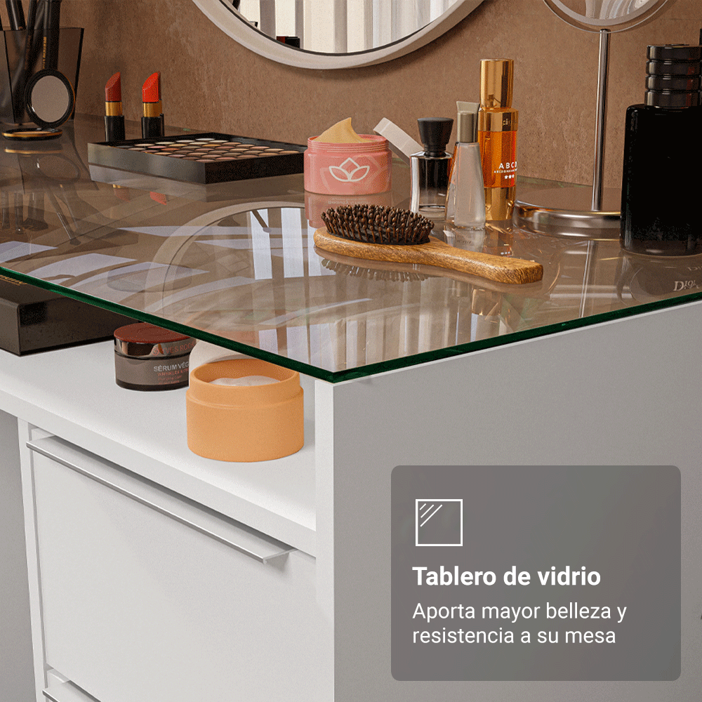 Escritorio Tocador 136cm 1 Puerta 3 Cajones Mesada Vidro Blanco Madesa