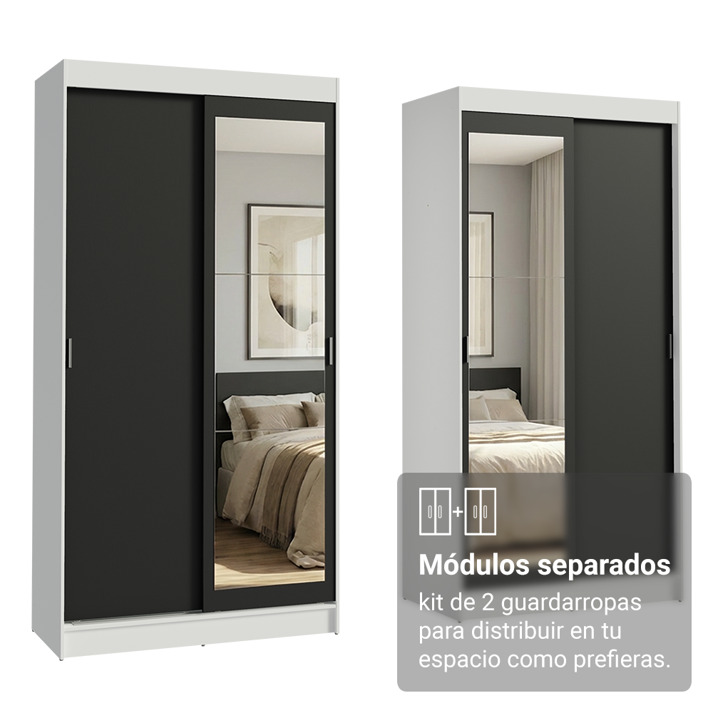 Conjunto 2 Placares 4 Puertas Corredizas con 2 Espejos Blanco/Negro Tokio Madesa