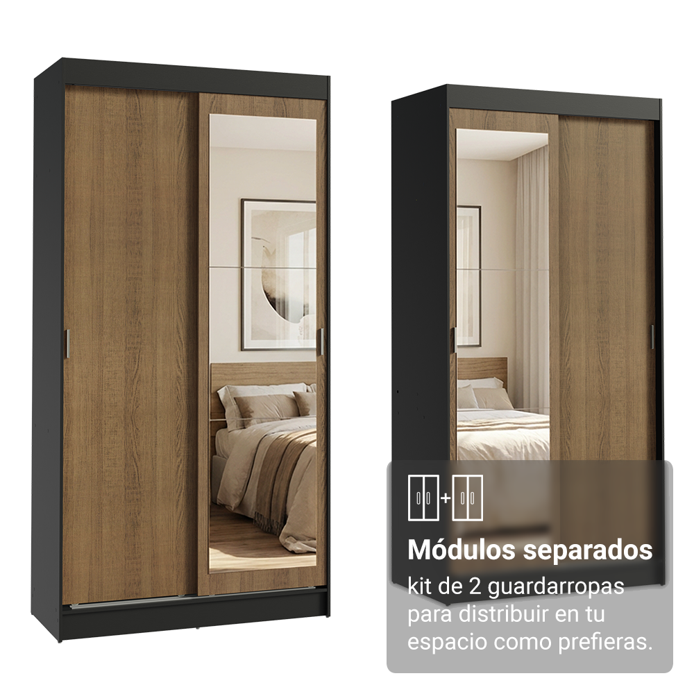 Conjunto 2 Placares 4 Puertas Corredizas con 2 Espejos Negro/Marrón Tokio Madesa