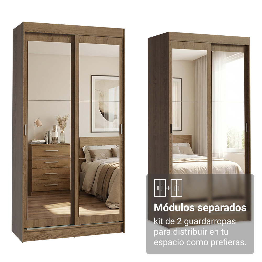 Conjunto 2 Placares 4 Puertas Corredizas con 4 Espejos Marrón Tokio Madesa
