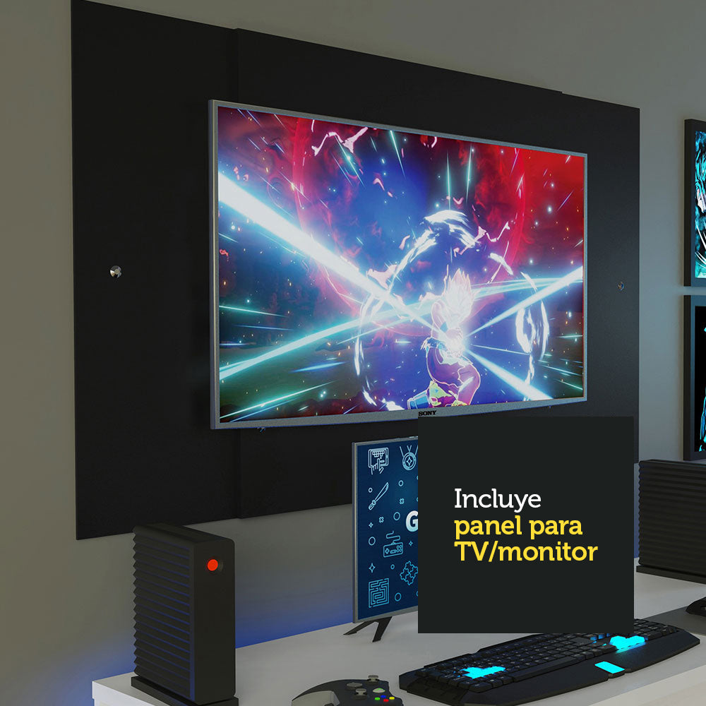 Escritorio Gamer Madesa 9409 con Panel para TV hasta 58 Pulgadas Blanco/Negro