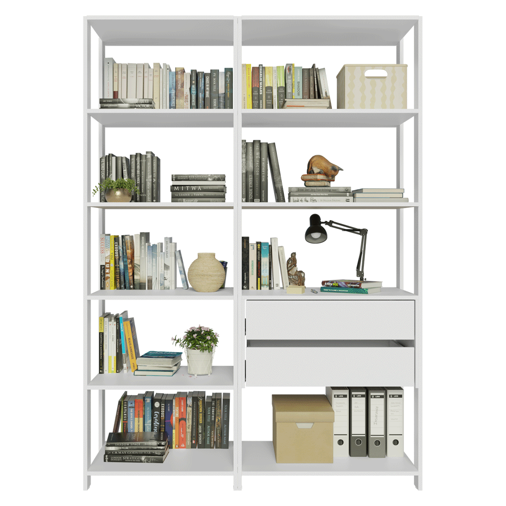 Estantería multiusos para oficina, 129 cm, 9 estantes, 2 cajones, color Blanco