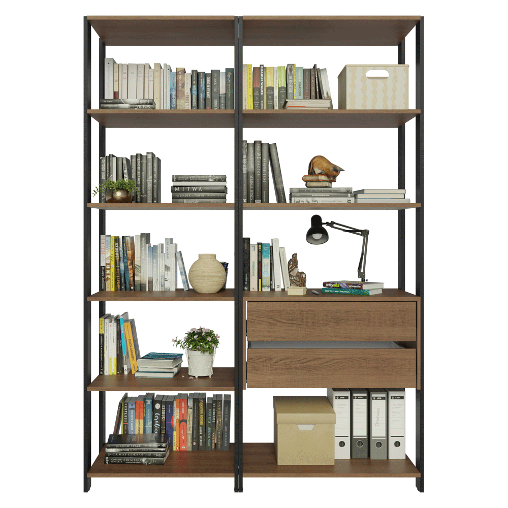 Mueble/Estante de Oficina Multiusos, 129 cm, 9 Estantes, 2 Cajones, Marrón/Negro