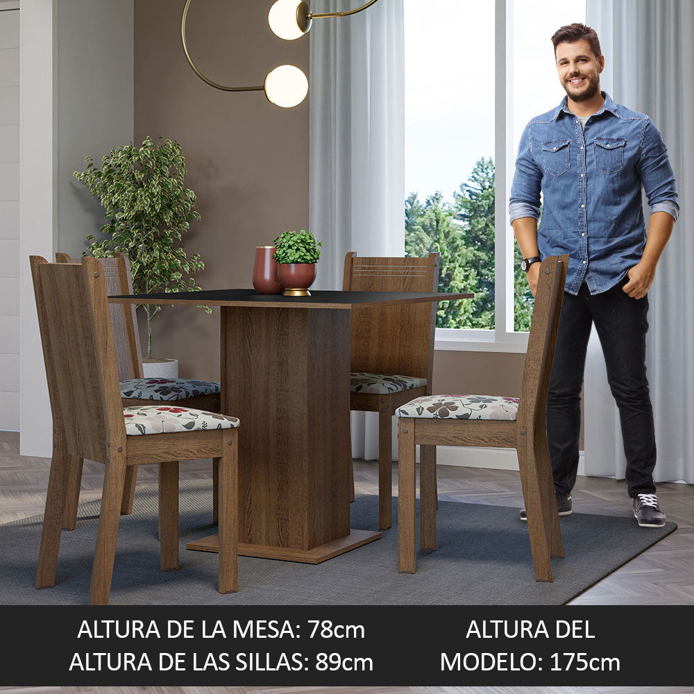 Juego de Comedor Mesa Tapa de Madera 4 Sillas Marrón/Negro/Floral Hibiscos Samara Madesa