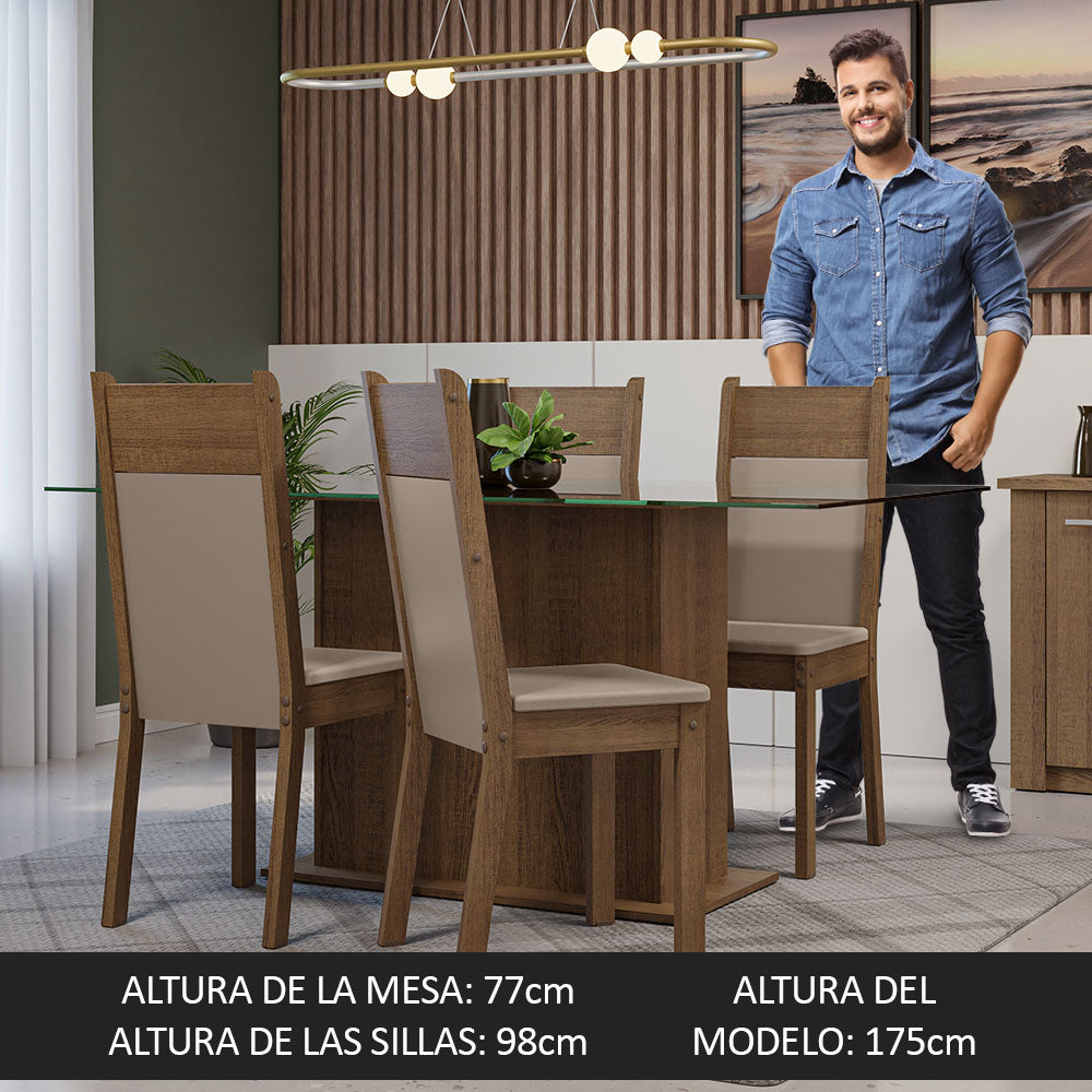 Juego de Comedor Mesa Tapa de Vidrio 4 Sillas Marrón/Crema/Sintético Beige Savana Madesa