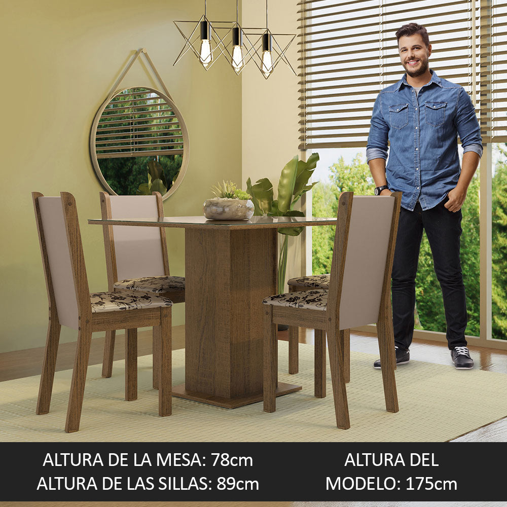Juego de Comedor Mesa Tapa de Vidrio 4 Sillas Marrón/Crema/Beige Marrón Tifani Madesa