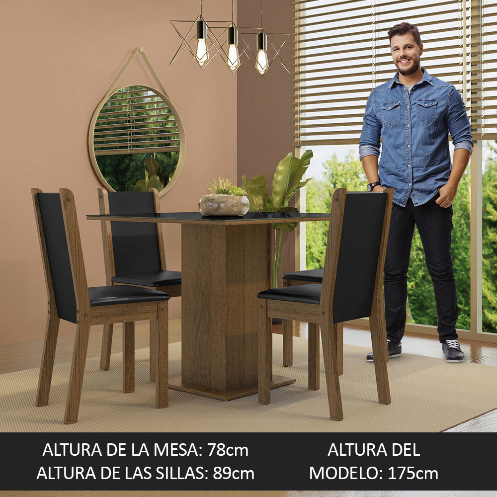 Juego de Comedor Mesa Tapa de Vidrio 4 Sillas Marrón/Negro Tifani Madesa