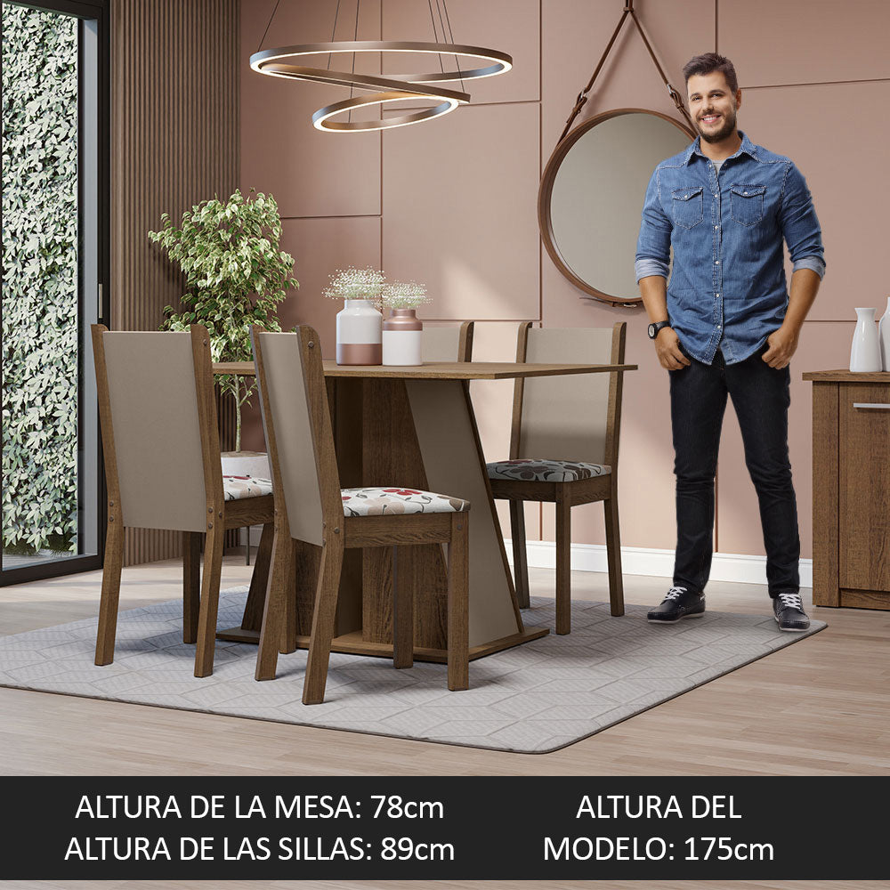 Juego de Comedor Mesa Tapa de Madera 4 Sillas Marrón/Crema/Hibiscos Sophie Madesa