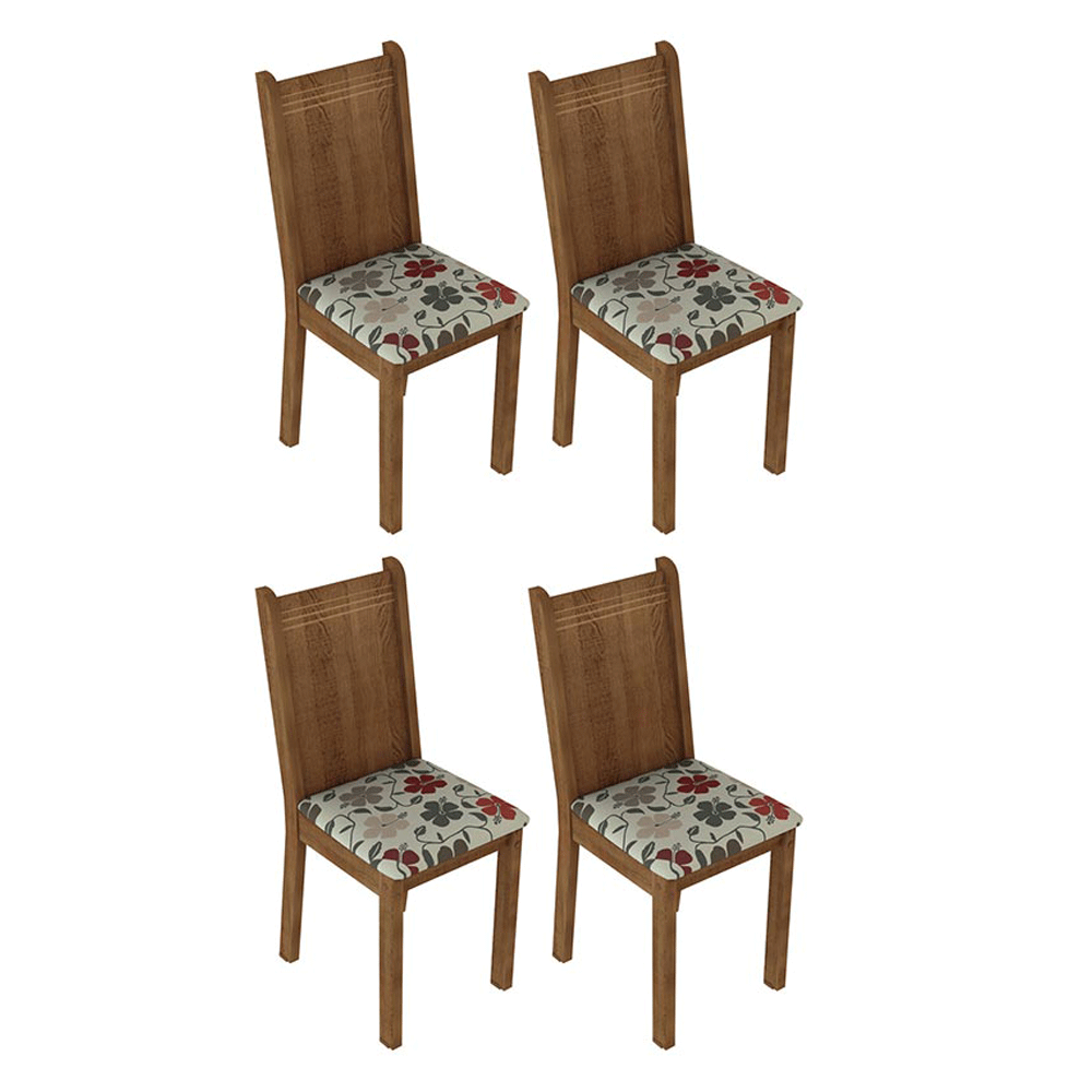 Conjunto Comedor Mesa Mesada de Vidro 4 Sillas Marrón/Hibiscos Camélia Madesa