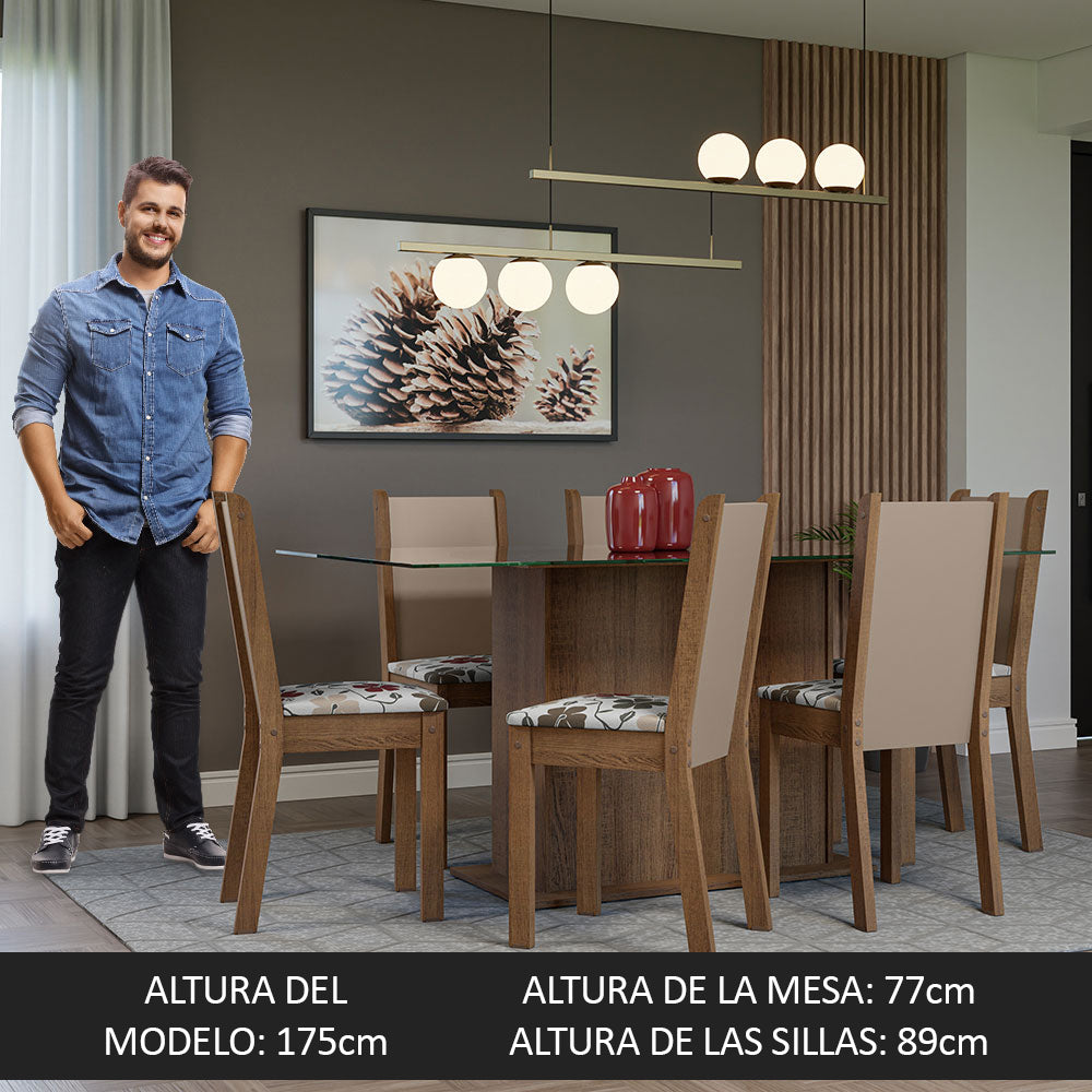 Juego de Comedor Mesa Tapa de Vidrio 6 Sillas Marrón/Crema/Floral Hibiscos Yolanda Madesa