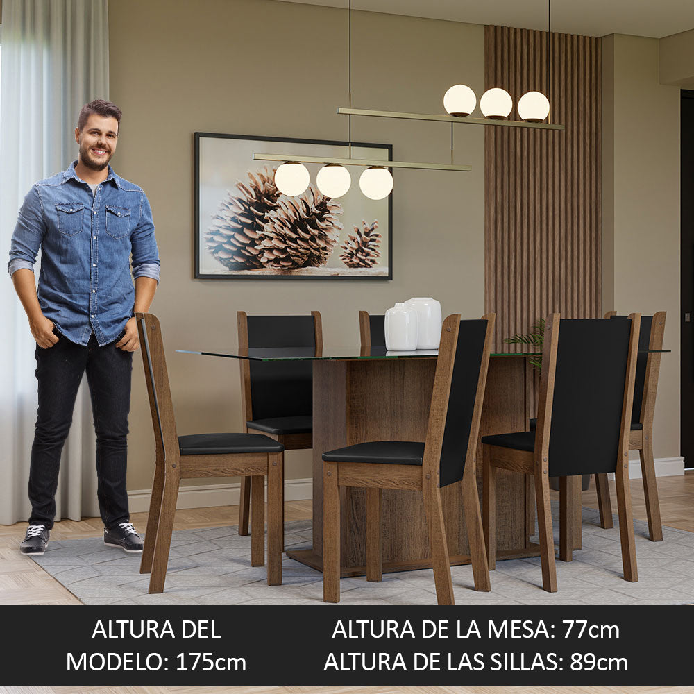 Juego de Comedor Mesa Tapa de Vidrio 6 Sillas Marrón/Negro Yolanda Madesa