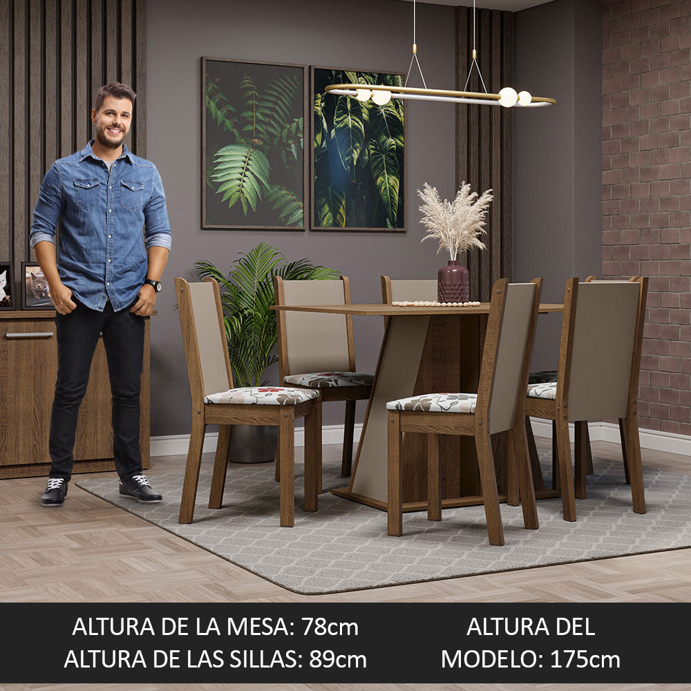 Juego de Comedor Mesa Tapa de Madera 6 Sillas Marrón/Crema/Hibiscos Wendy Madesa