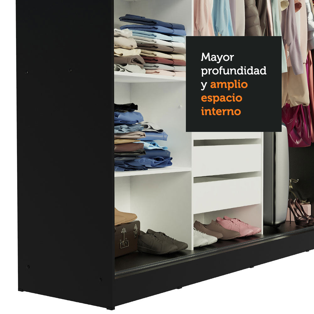 Placard Ropero Matrimonial Madesa Kansas 3 Puertas Corredizas de Espejo 3 Cajones Negro