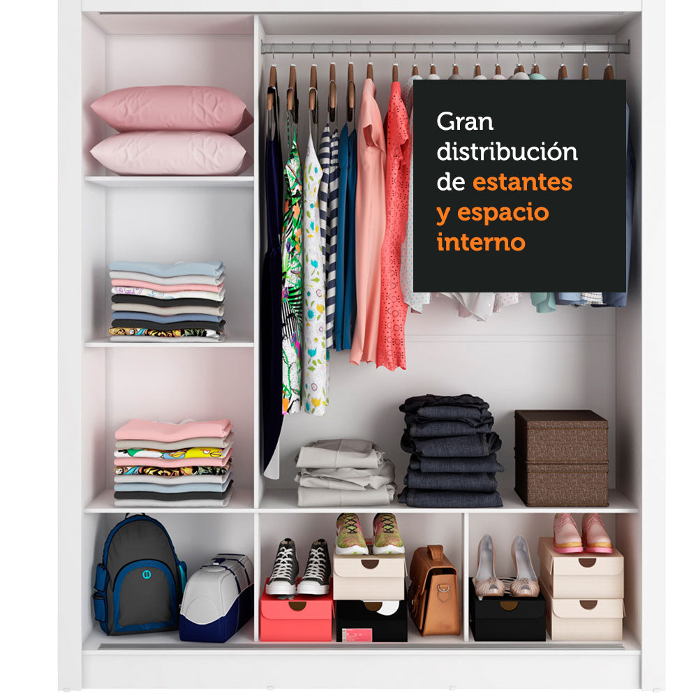 Placard Matrimonial Monaco 3 Puertas Corredizas con Espejo - Blanco