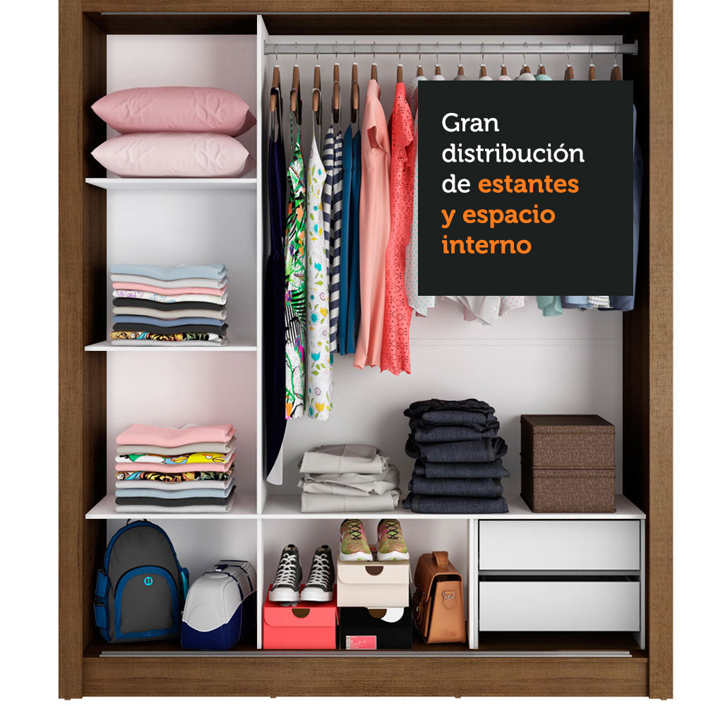 Placard Matrimonial Lyon 3 Puertas Corredizas con Espejo 2 Cajones Marrón/Blanco