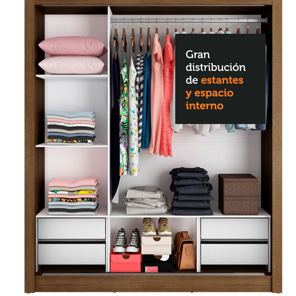 Placard Matrimonial Lyon Plus 3 Puertas Corredizas con Espejos 4 Cajones Marrón/Negro