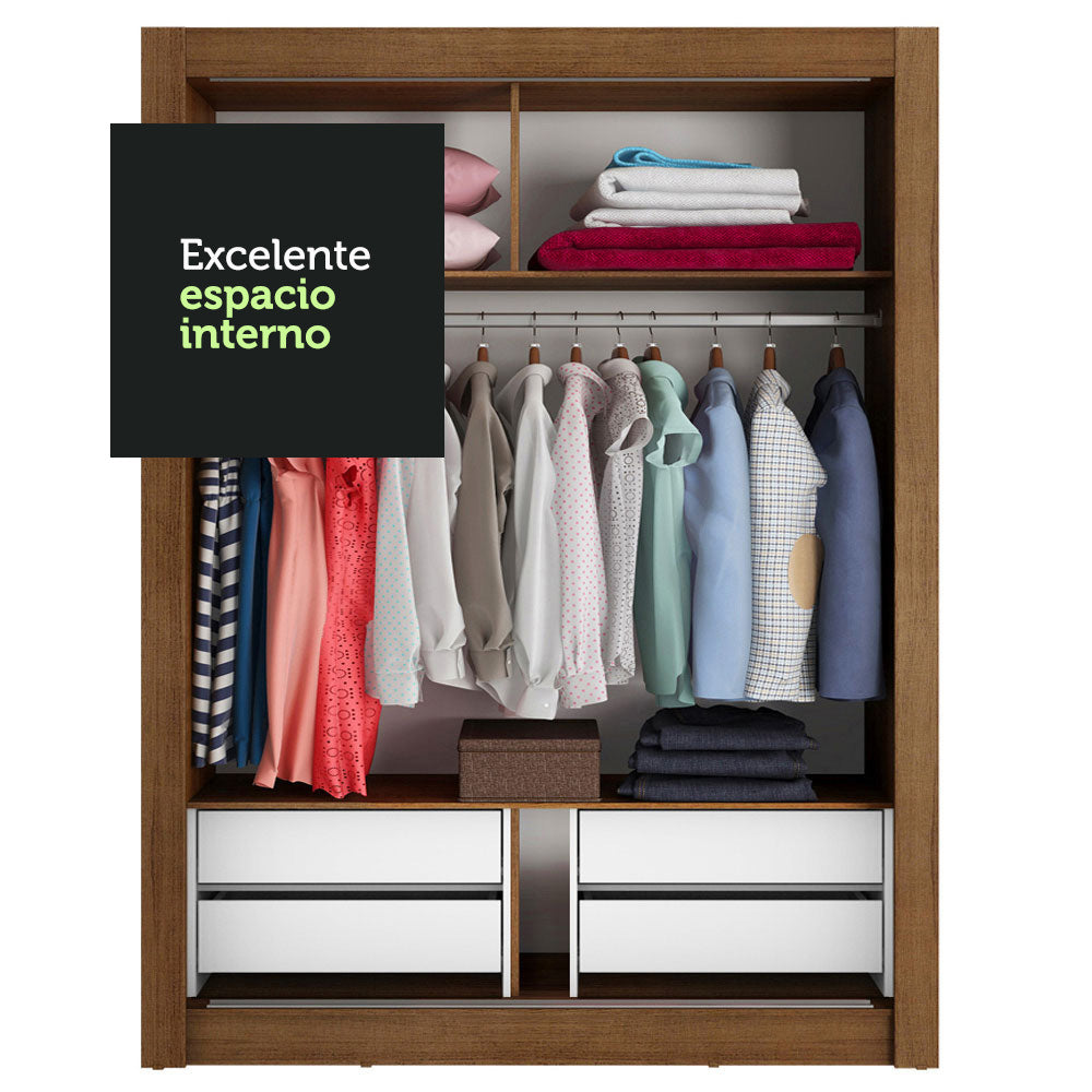 Placard Soltero 2 Puertas Corredizas con Espejo 4 Cajones Marrón Dallas Plus