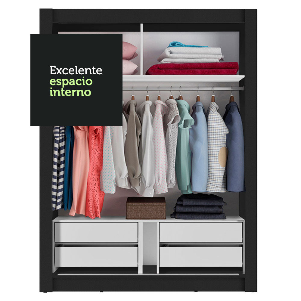 Placard Soltero 2 Puertas Corredizas con Espejo 4 Cajones Negro/Marrón Dallas Plus