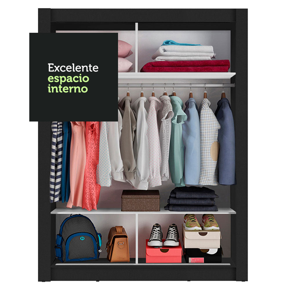 Placard Ropero Solteiro Madesa Denver 2 Puertas Corredizas Negro/Gris