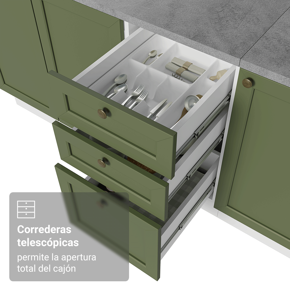 Bajo Mesada Cocina 120 x 60 cm 2 Puertas 3 Cajones (con Mesada) Blanco/Verde Vik Madesa