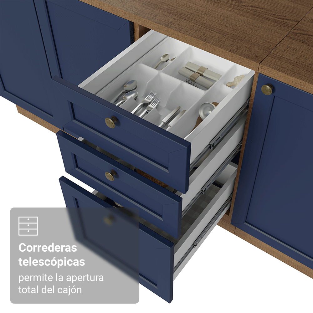Bajo Mesada Cocina 120 x 60 cm 2 Puertas 3 Cajones (con Mesada) Marrón/Azul Vik Madesa