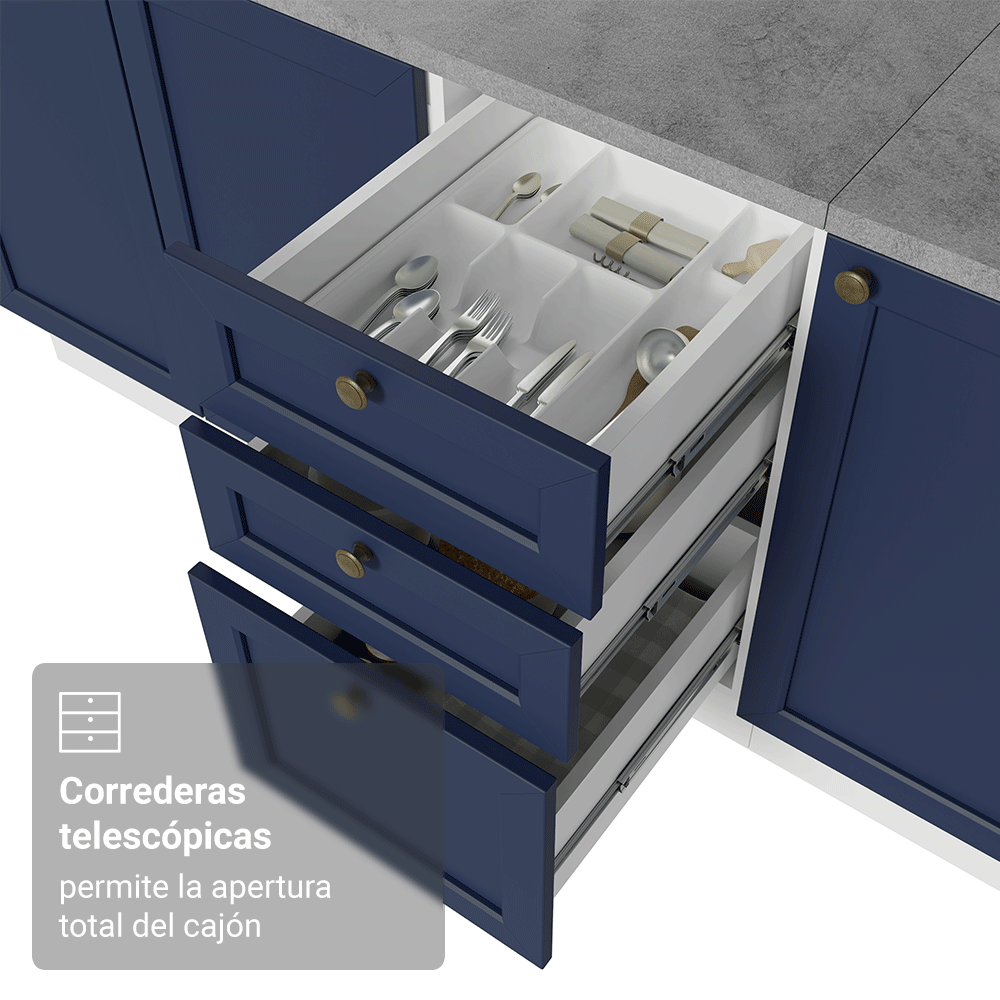 Bajo Mesada de Cocina 40 x 60 cm 3 Cajones (Sin Mesada) Blanco/Azul Vik Madesa