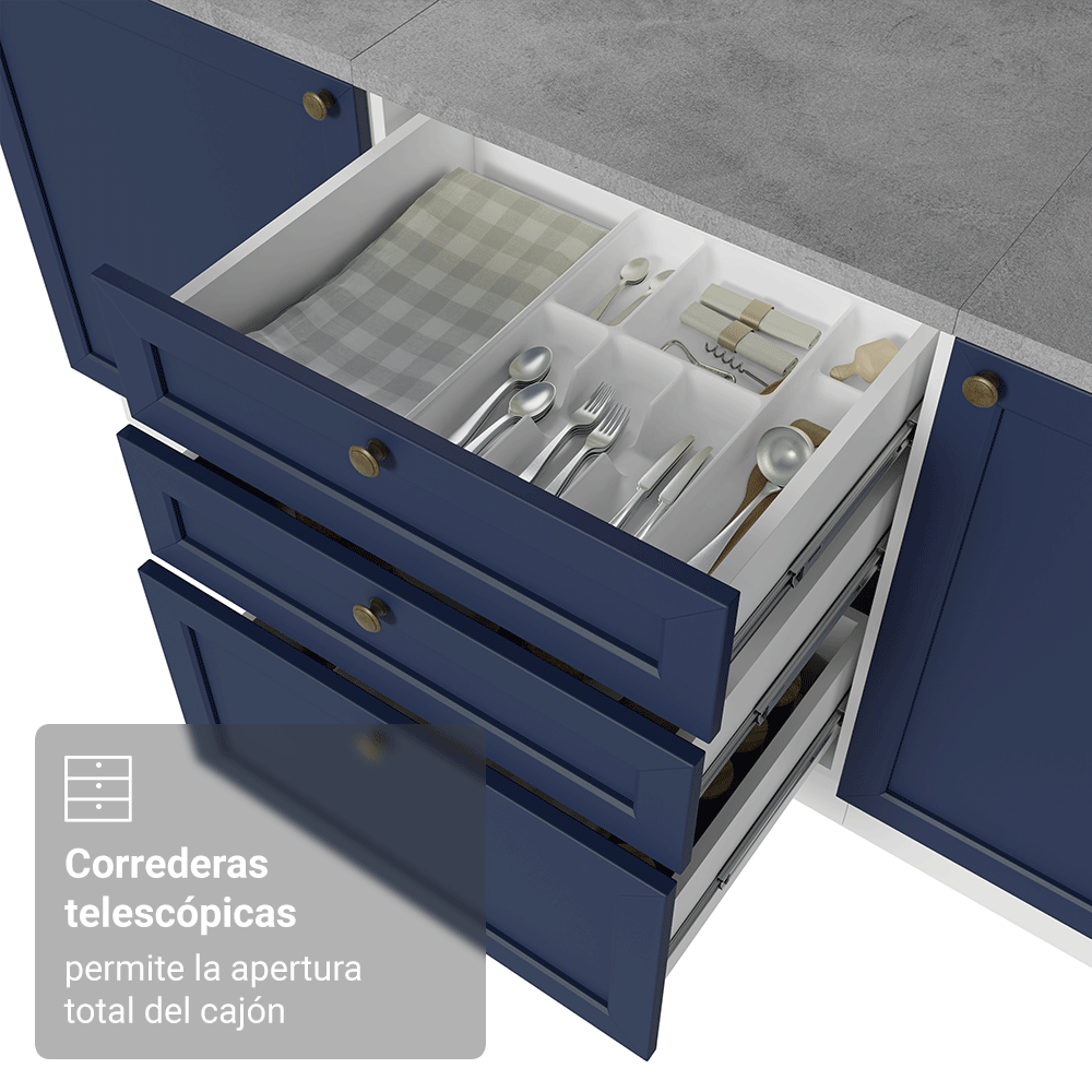 Bajo Mesada de Cocina 60 x 60 cm 3 Cajones (con Mesada) Blanco/Azul Vik Madesa