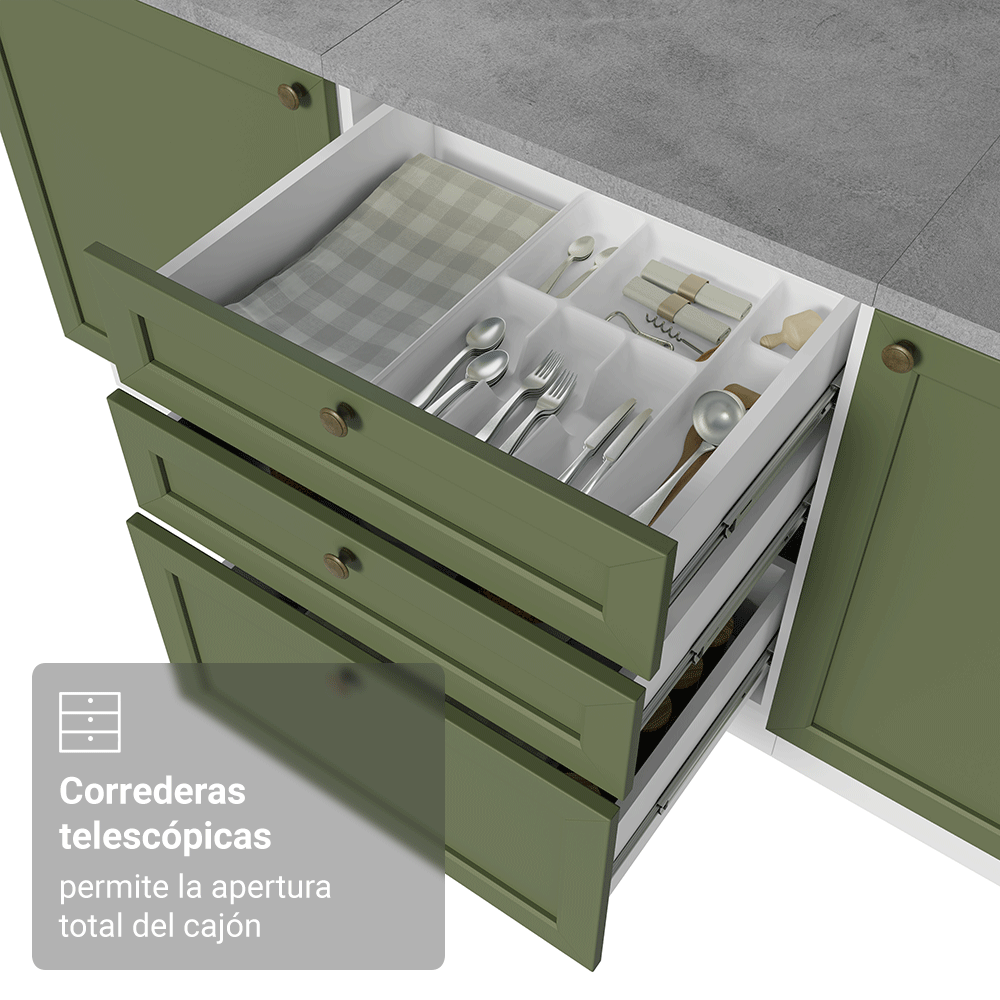 Bajo Mesada de Cocina 60 x 60 cm 3 Cajones (Sin Mesada) Blanco/Verde Vik Madesa
