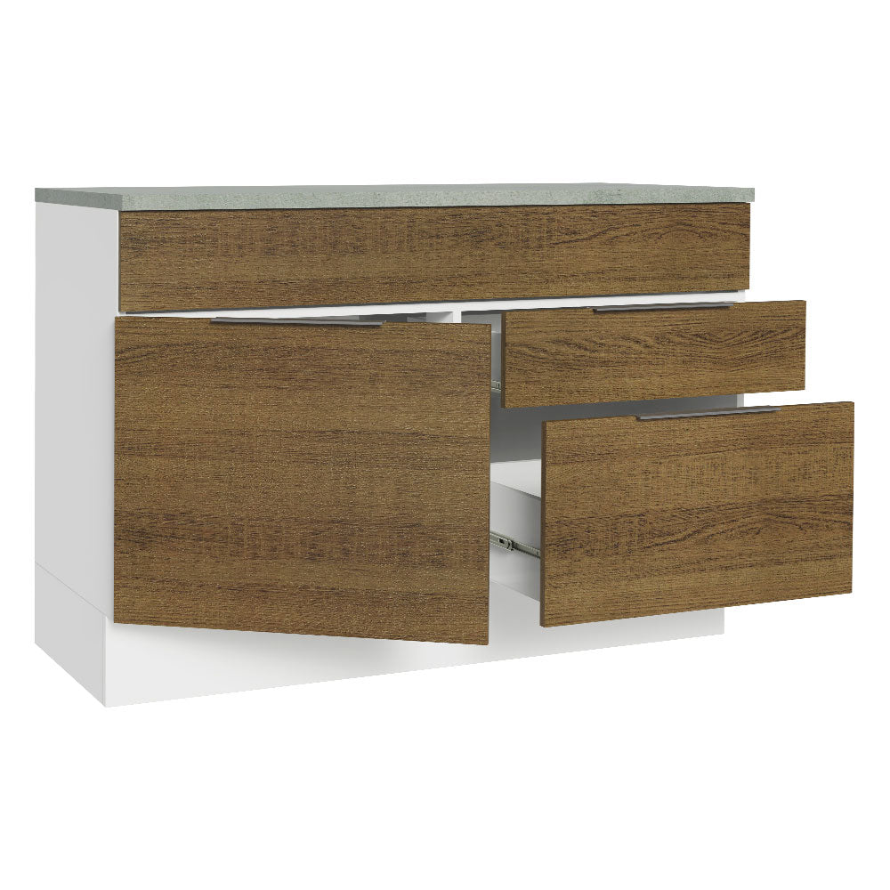 Bajo Mesada Cocina 120 cm 1 Puertas e 2 Cajones (Con Mesada) Blanco/Marrón Stella Madesa