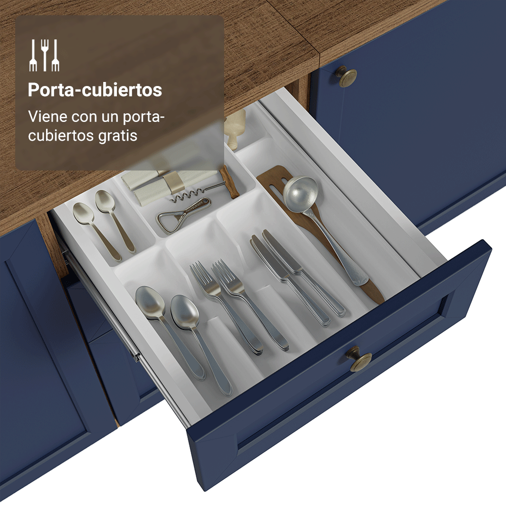 Bajo Mesada Cocina 120 cm 2 Puertas 3 Cajones (Con Mesada) Marrón/Azul Vik Madesa