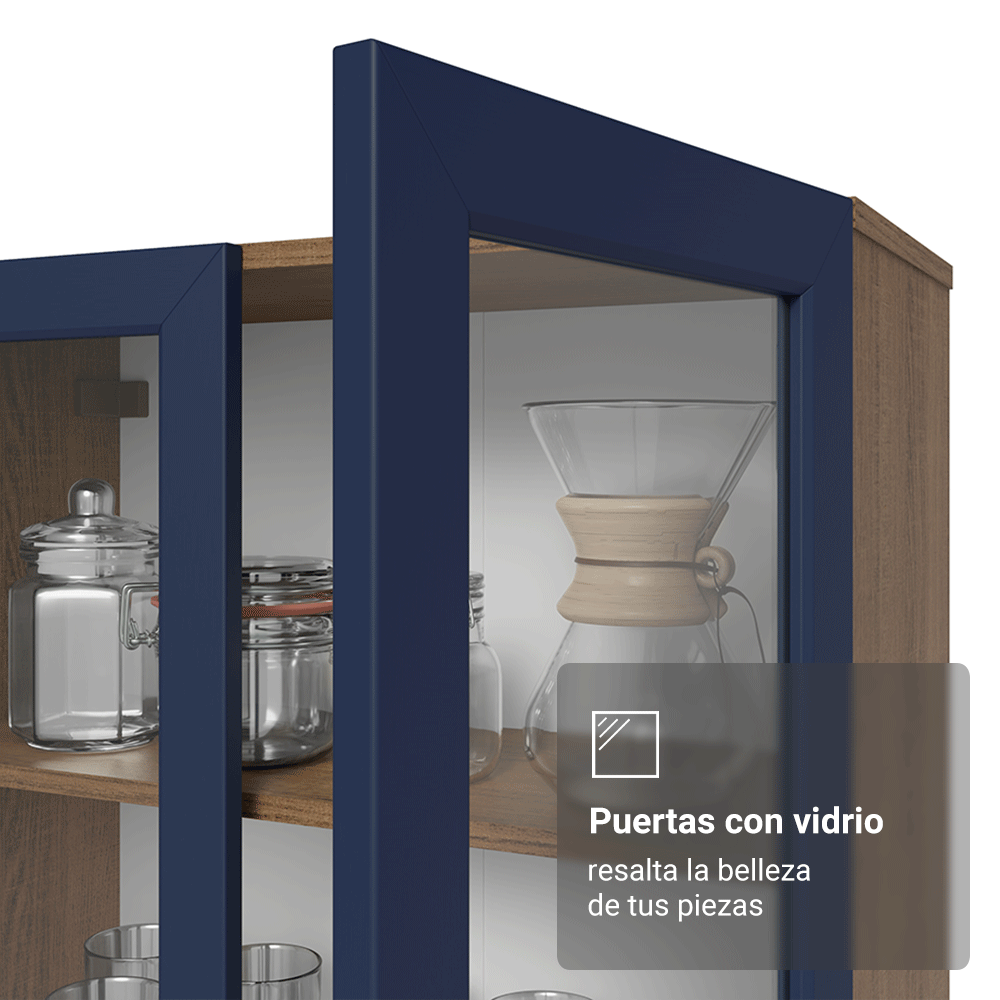 Cristalero 70 cm 2 Puertas de Vidrio con Patas Vik Marrón/Azul/Marrón