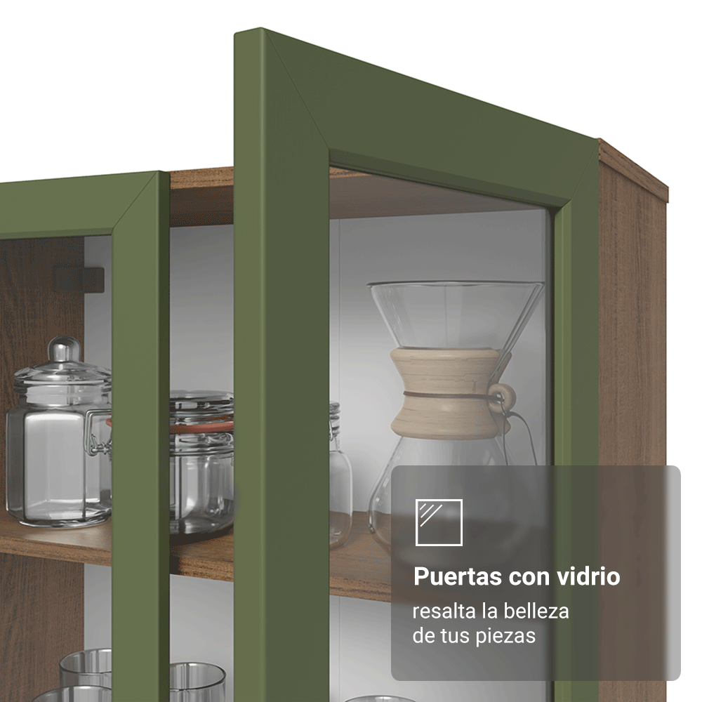 Cristalero 70 cm 2 Puertas de Vidrio con Patas Trapecio Vik Marrón/Verde/Marrón