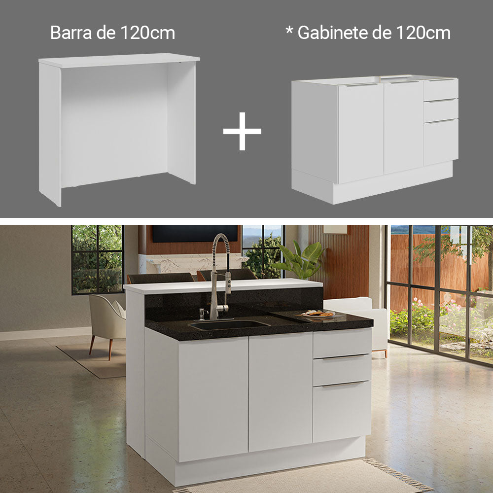 Isla de Cocina con Barra desayunador y Bajo Mesada 120 cm Blanco Stella Madesa