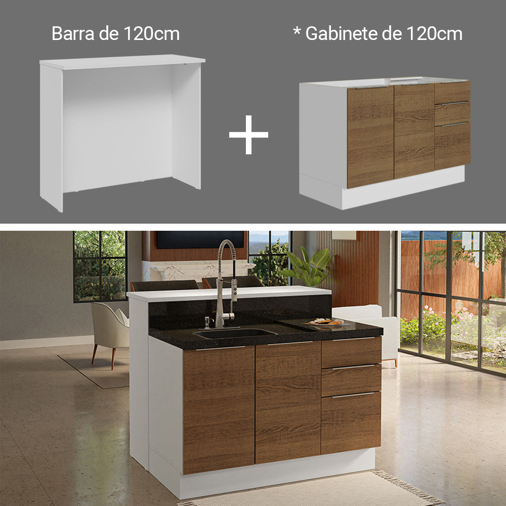 Isla de Cocina con Barra desayunador y Bajo Mesada 120 cm Blanco/Marrón Stella Madesa
