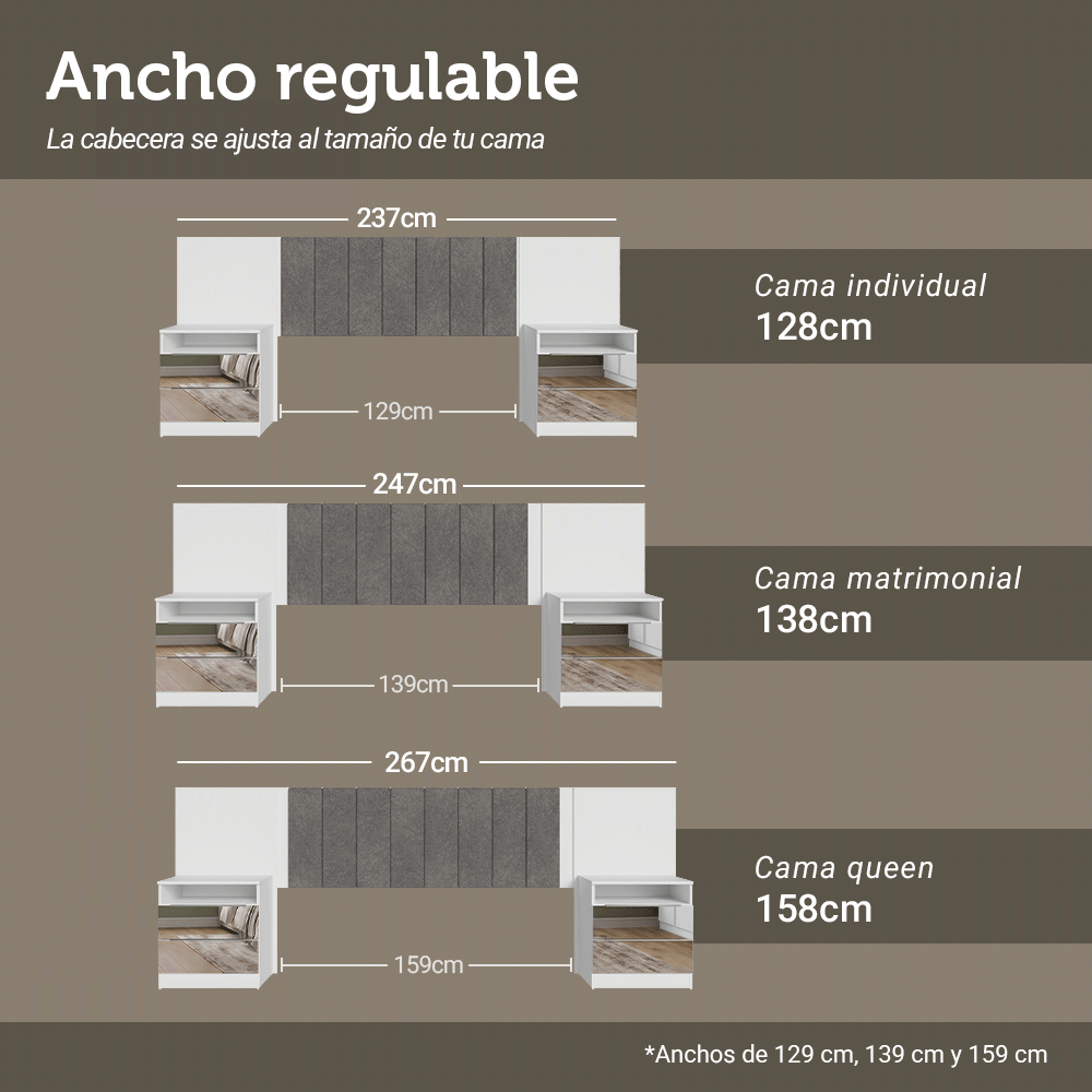 Respaldo de Cama Extensible Tapizado con 2 Mesas de Luz Espejadas Blanco/Silver Madesa