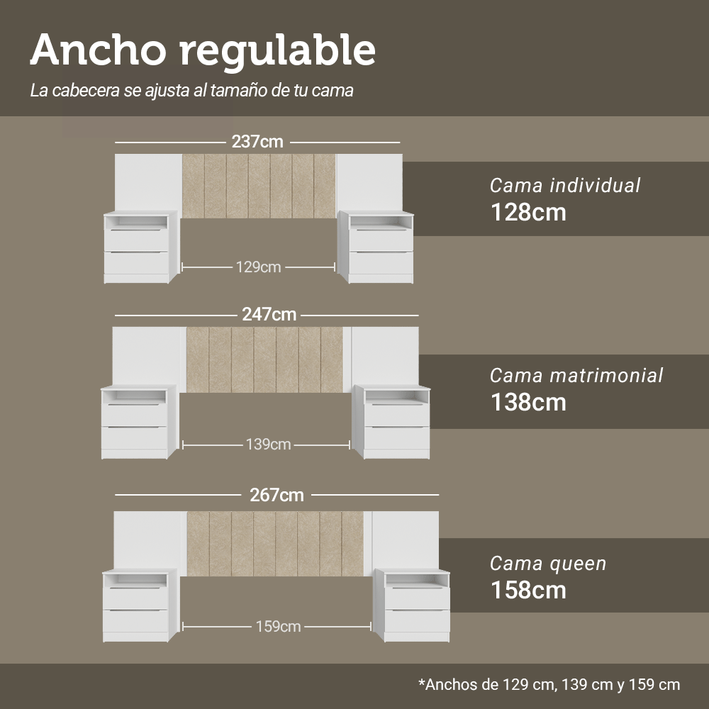 Respaldo de Cama Extensible Tapizado con 2 Mesas de Luz Blanco/Imperial Madesa