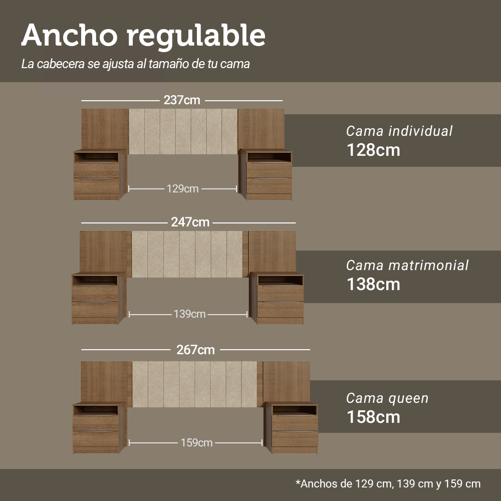 Respaldo de Cama Extensible Tapizado con 2 Mesas de Luz Marrón/Imperial Madesa