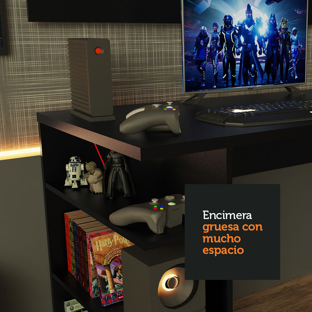Escritorio Gamer Madesa 9409 con Panel para TV hasta 50 Pulgadas Negro