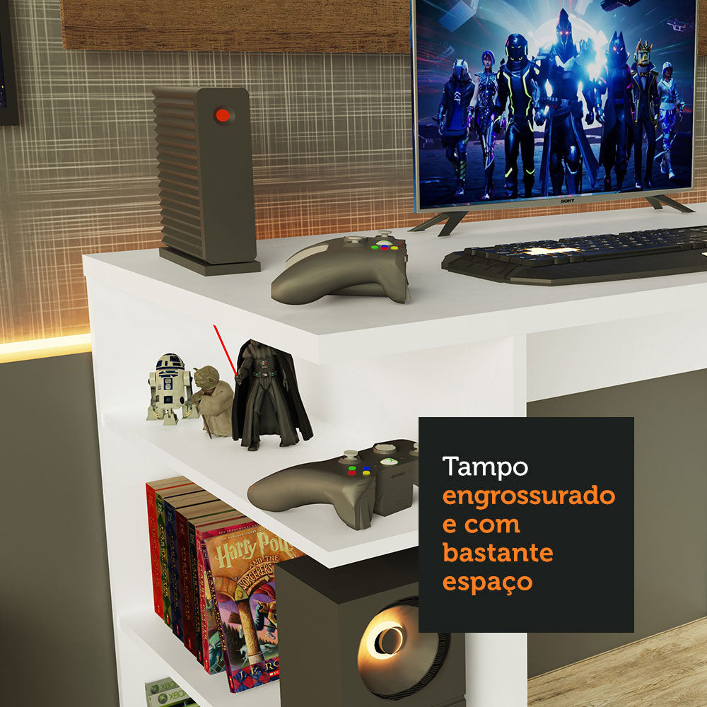 Escritorio Gamer Moderno Madesa + Panel para TV Hasta 50 Pulgadas Blanco/Marrón